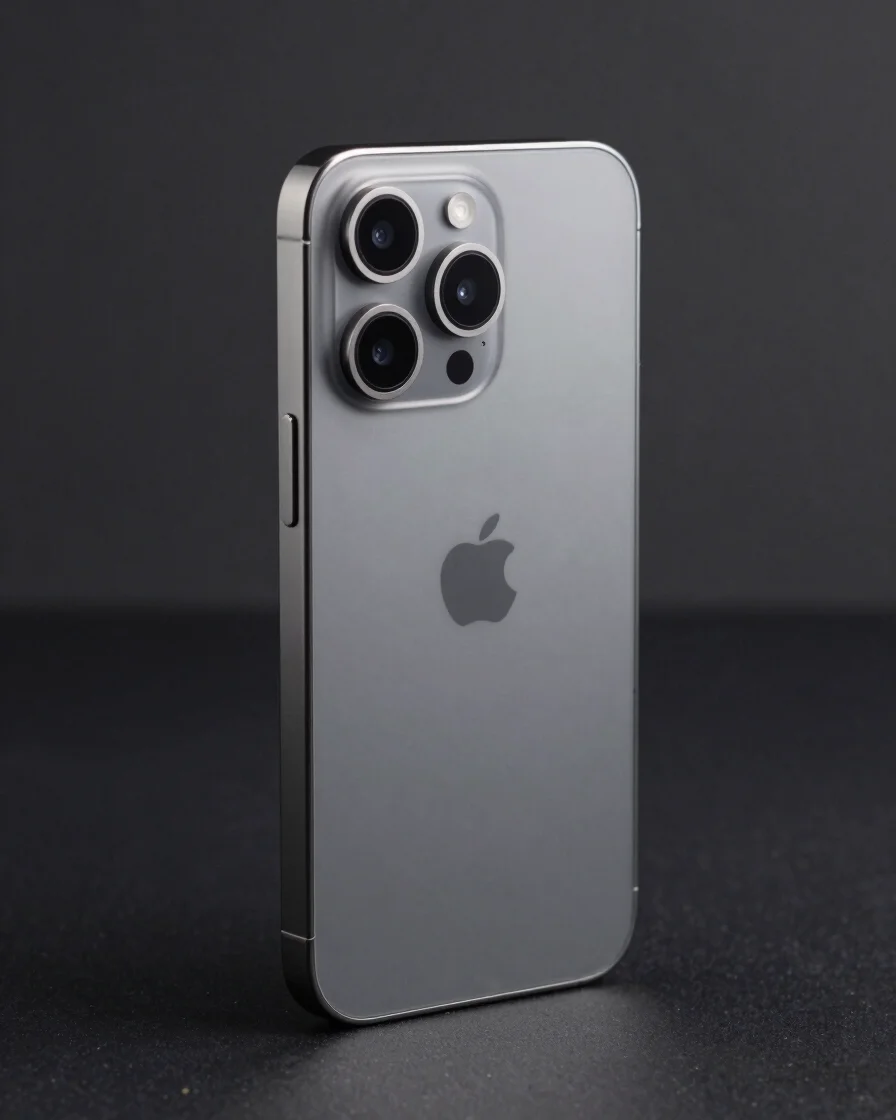 Premium graphite smartphone standing three-quarter view on a dark