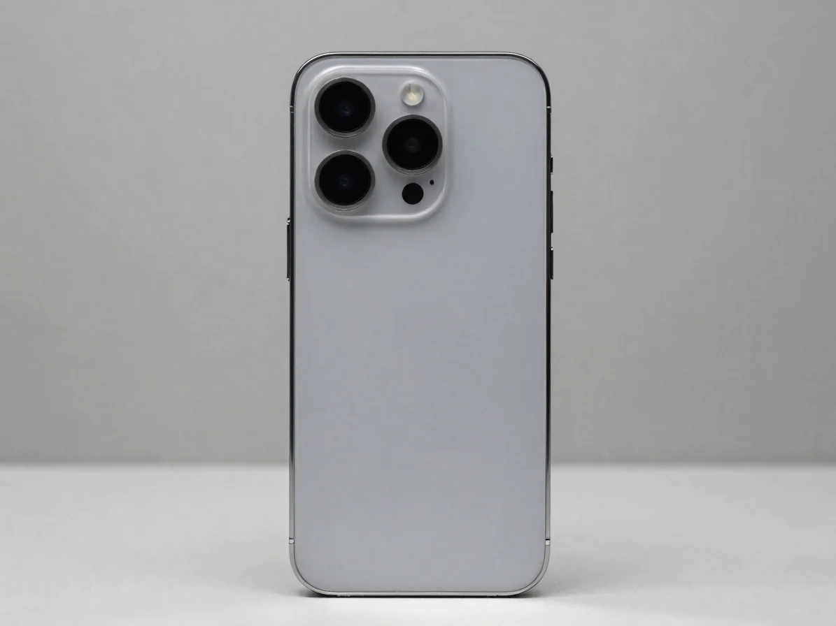 Metallic silver budget smartphone with crisp screen detail, studi