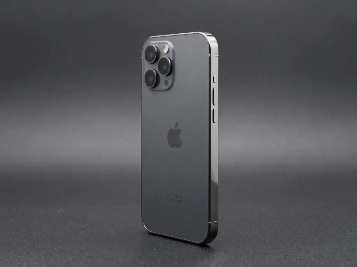 Premium product photograph of a graphite smartphone standing three-quarter view on a dark studio surface, controlled sil