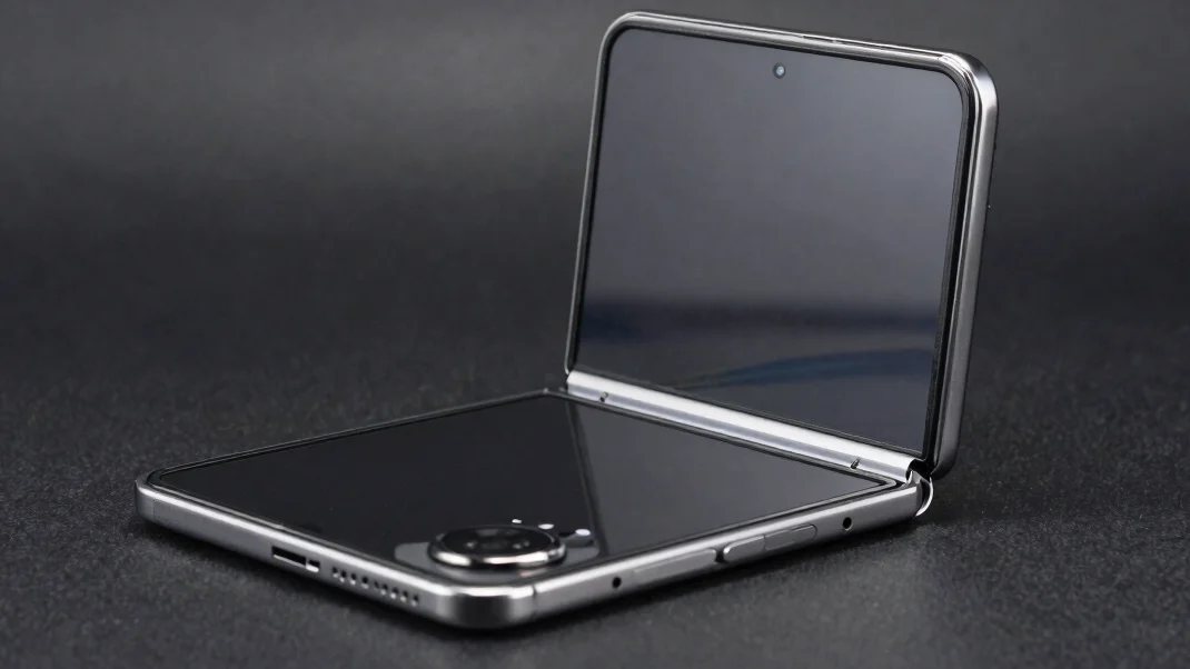 Premium product photograph of a graphite foldable smartphone half