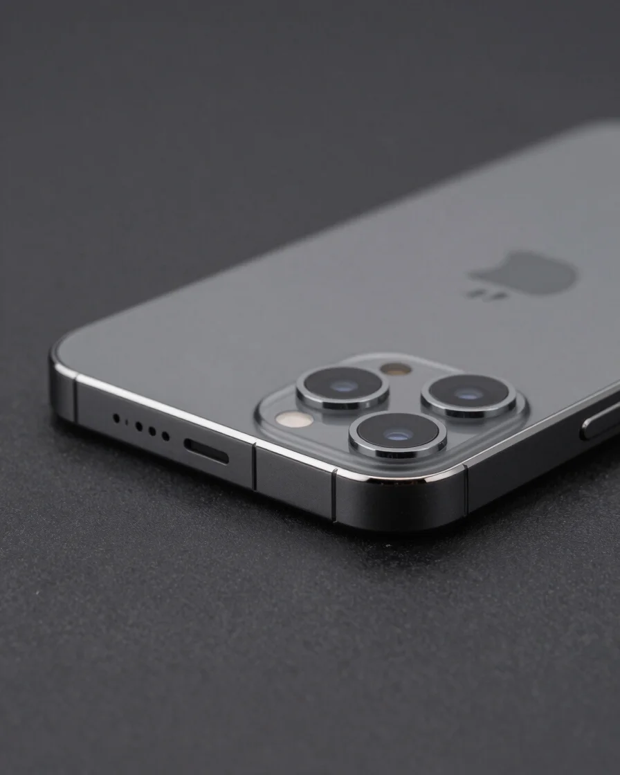 Premium macro product photograph of a graphite smartphone on a dark studio surface, controlled silver highlights along t